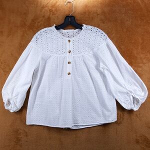 GOODNIGHT MACAROON Womens Top XS White Eyelet Embroidered Balloon Sleeve Peasant